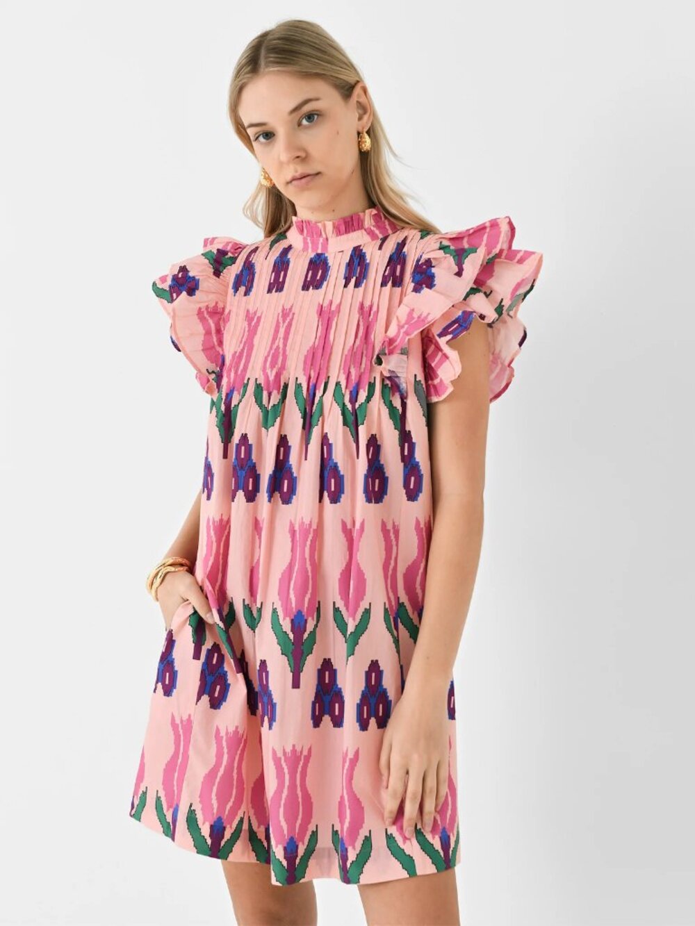 OLIPHANT Floral Pintuck Flirty Dress Sumba Pink Ruffle Sleeves
